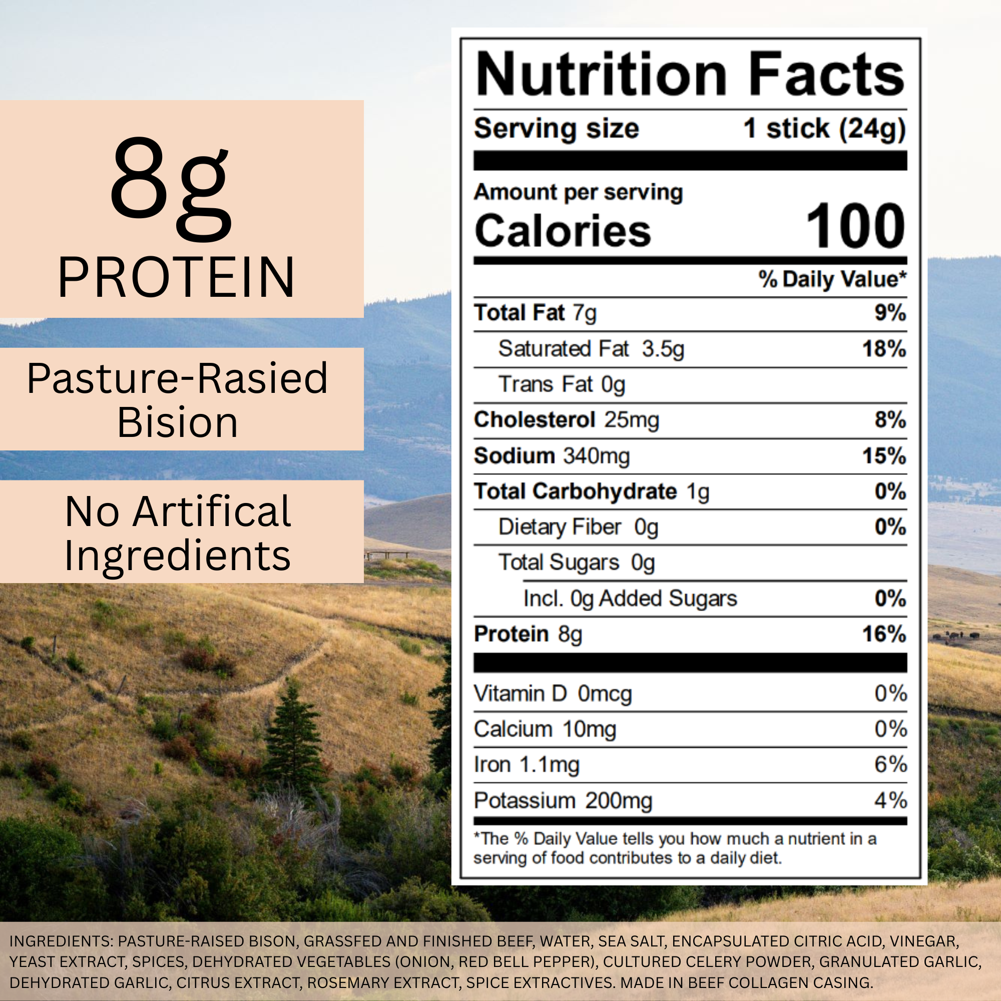 Pasture-Raised Bison Sticks, Original, 0.85 oz Meat Sticks - 10 Pack