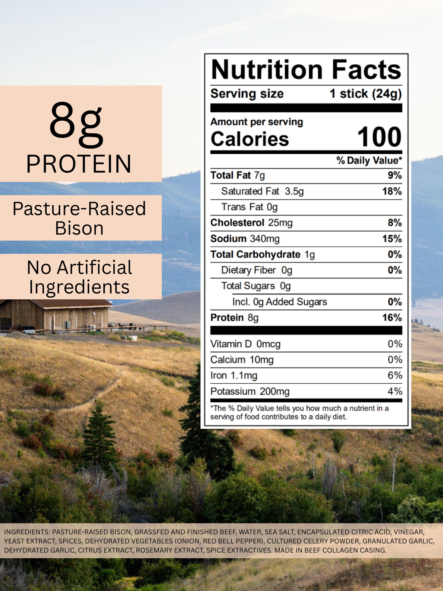 Pasture-Raised Bison Sticks, Original, 0.85 oz Meat Sticks - 10 Pack